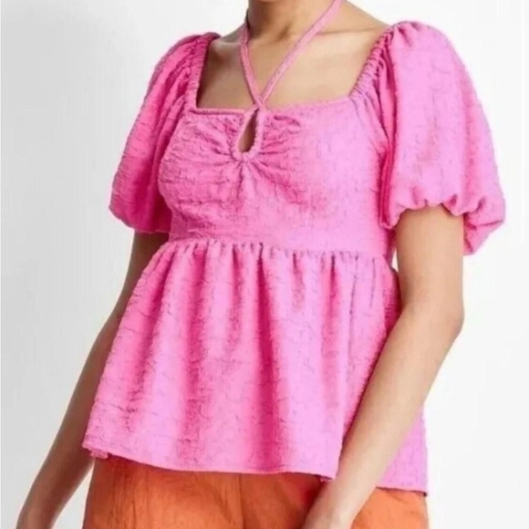 Target Future Collective Pink Square Tie Neck Puffed Short Sleeve Top Blouse - Picture 2 of 9